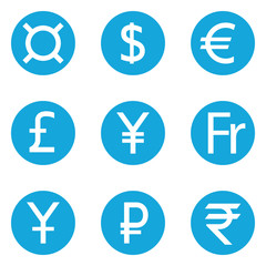 World Currency symbols flat solid icons isolated on white background. Dollar, Euro, Pound Sterling, Yen, Yuan, Swiss frank, Ruble, Rupee, Generic currency symbol, Money.