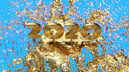 Happiness for the New Year 2020 lettering made by gold cast. Isolated on blue background 3d illustration. Selective focus macro shot with shallow DOF