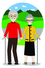 senior couple with cane. Vector Illustration