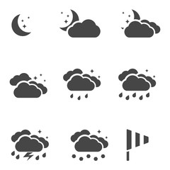 Weather at night icons set black simple symbols