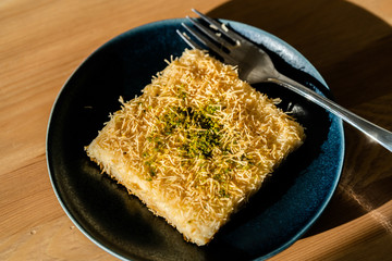 Turkish Dessert Custard Pudding Muhallebi Kadayif with Pistachio Powder