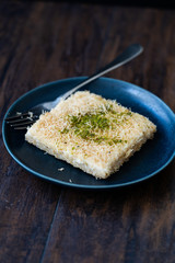 Turkish Dessert Custard Pudding Muhallebi Kadayif with Pistachio Powder