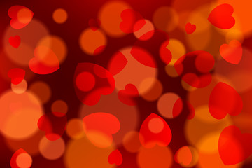 Red bokeh background with hearts, golden bokeh lights, holiday decorative effect.