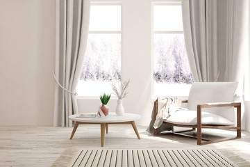 White room with armchair and winter landscape in window. Scandinavian interior design. 3D illustration