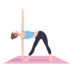 Young woman performing physical exercises. Bundle of female cartoon character demonstrating yoga position isolated on white background. Colorful flat vector illustration