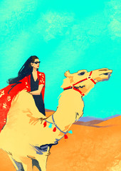 girl on a camel in the desert