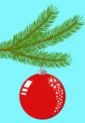 Red Christmas ball on Christmas tree branch, vector illustration