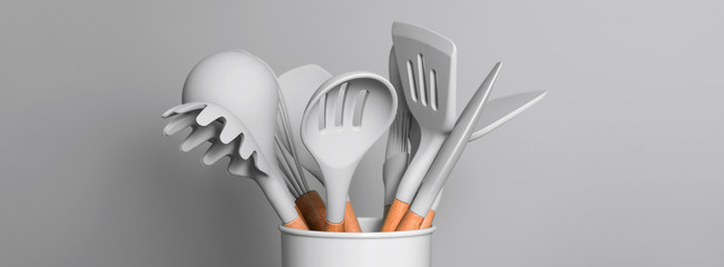 Kitchen utensils background with copyspace, home kitchen decor concept, kitchen tools, rubber...