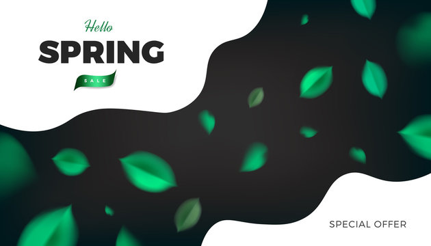 Green leaves banner background, spring black vector design