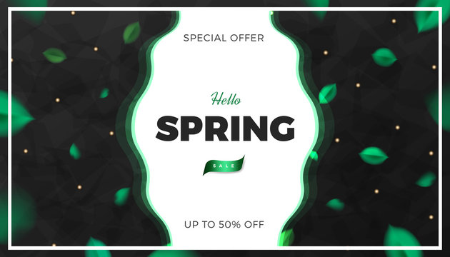 Green leaves banner background, spring black vector design