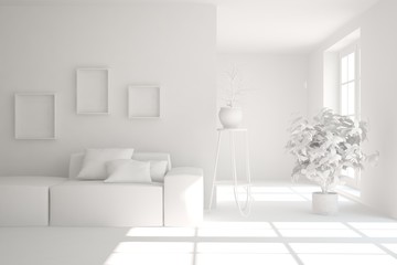 Mock up of stylish room in white color with sofa. Scandinavian interior design. 3D illustration