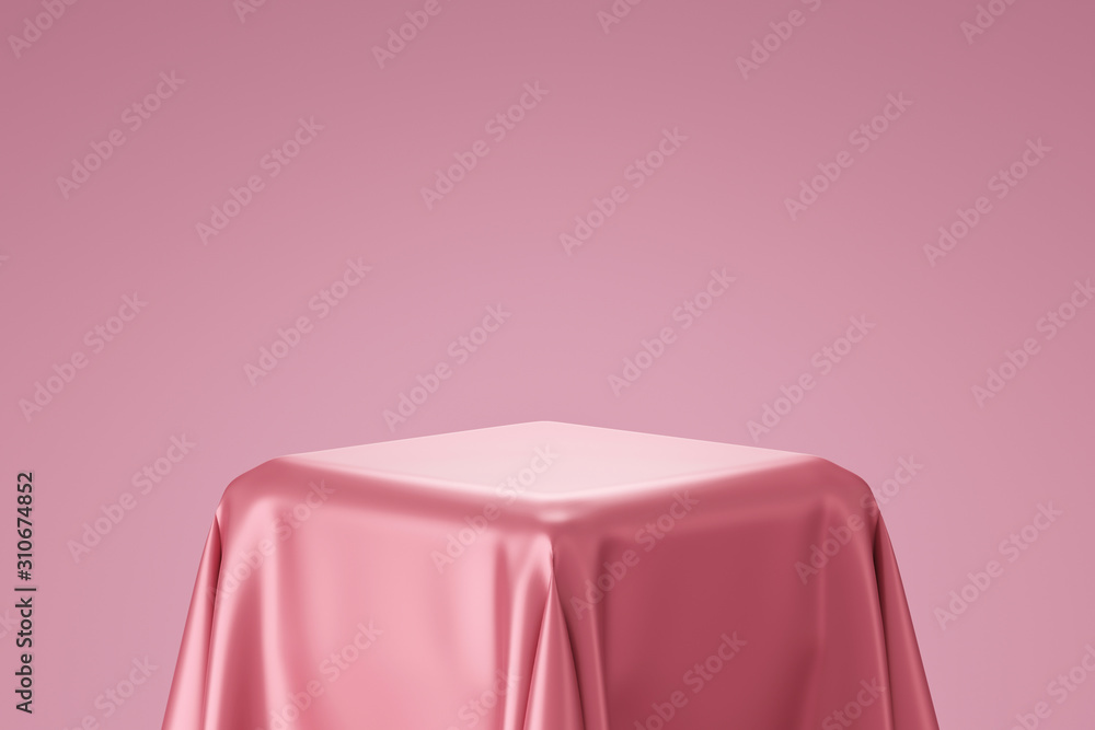 Poster Pink pedestal or podium display with satin fabric platform concept on valentines background. Blank shelf stand for showing product. 3D rendering.