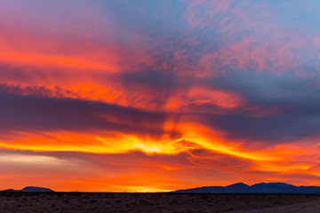 aerial view of fiery sunset sky in the mojave desert