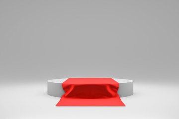 Modern pedestal or podium display with red fabric platform concept on white background. Blank shelf...