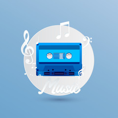 Vector retro cassette with white music notes,Paper effect illustration od music background