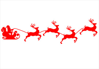 Christmas reindeers are carrying Santa Claus in a sleigh with gifts. silhouette on a white background