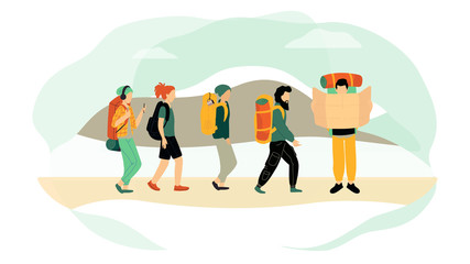Cartoon characters hiking people backpacking vector illustration