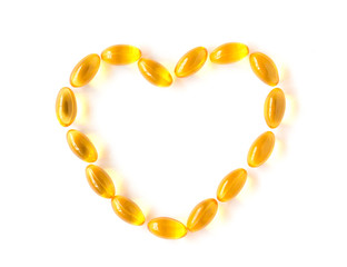 Omega 3 Gelatin Capsules Scattered On A Gray Slate Background. Fish Oil, Vitamins, Pills. Medical Series.on white isolated