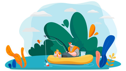 Father and son fishing in lake, vector illustration