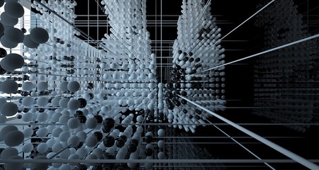 Abstract black interior from array white spheres with window. 3D illustration and rendering.