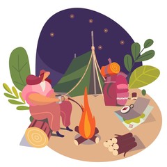 Woman camping alone in nature at night, vector illustration