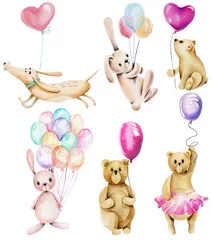 Papier Peint photo Animaux avec ballon Collection d& 39 animaux festifs à l& 39 aquarelle avec des ballons à air (lapins, ours et chiens), dessinés à la main isolés sur fond blanc