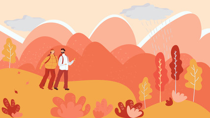 Couple hiking in autumn mountains, vector illustration