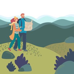 Romantic couple hiking in mountains, vector illustration
