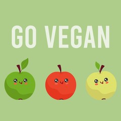 Cute kawaii apples, healthy vegan food vector illustration
