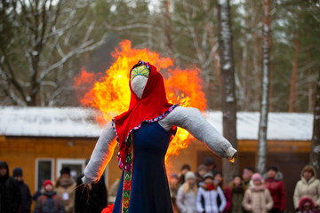 Maslenitsa Festival.Traditional burning of stuffed of Shrovetide during the Shrovetide festivities.Maslenitsa.