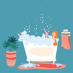 Woman bathing at home, cartoon character vector illustration
