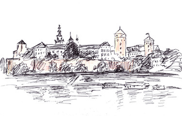 Fototapeta premium black and white sketch, Wawel castle in Krakow, country name - Poland