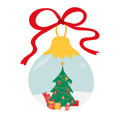 Christmas tree with presents inside glass ball, vector illustration