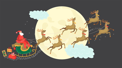 Santa Claus riding sleigh, flying deers Christmas eve, vector illustration
