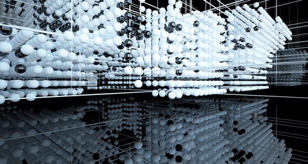 Abstract black interior from array white spheres with window. 3D illustration and rendering.