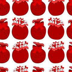Red Sack Santa Claus with gifts. Closed and open bags. Seamless pattern. Isolate, white background. Holiday outdoor gift bag with boxes. Christmas accessory. New year object. cartoon style.
