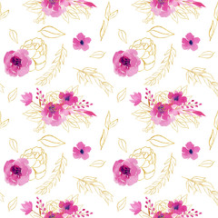 Seamless pattern with watercolor bouquets, flowers and branches in pink and golden colors; hand drawn floral design on white background