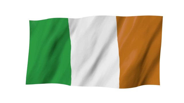 The Irish flag in 3d, waving in the wind, on white background.
