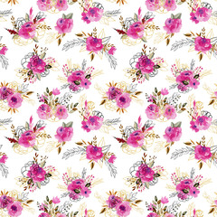 Seamless pattern with watercolor floral bouquets in crimson, brown and golden colors; hand drawn floral design on white background