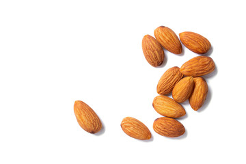 high angle almond is arranged on a white background