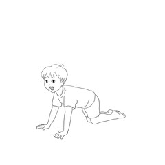 Kids Yoga - Joga für Kinder, Asana Tisch oder Brücke, horizontal Banner Design Concept Cartoon. Junge barfuß in Yoga Haltung, macht fröhliches Gesicht. Yogi Logo auf Hintergrund in weiß.