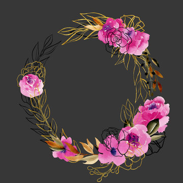 Wreath of watercolor peonies, branches and leaves in crimson, brown and golden colors; hand drawn isolated on dark background; one line flowers and plants design