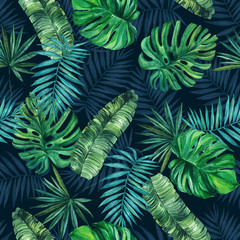 Fototapeta na wymiar Seamless pattern. Tropical plant. Palm leaves, monstera on dark background. Watercolor drawing. For design, decoration,background, illustration, textiles, and Wallpapers.