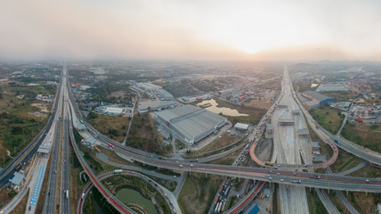 Aerial view interchange express way and a trafific jam