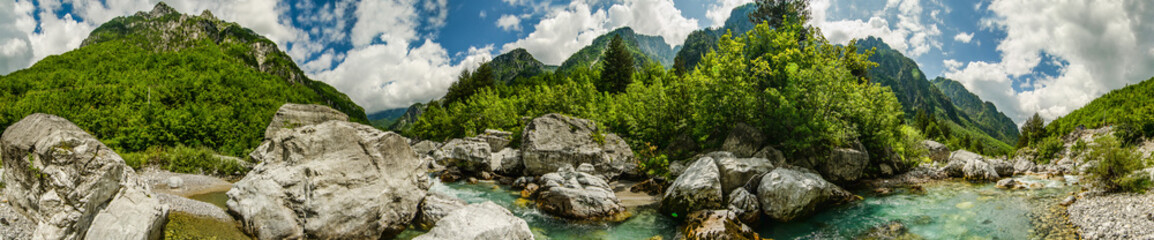 Fototapeta na wymiar Crystal clear river Lumi i Thethit in National Park Theth in Albania