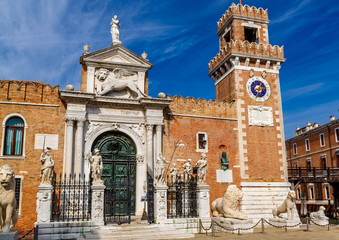 Ornamental gate and tower Arsenal building in Venice, Italy.