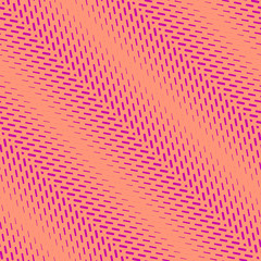 Vector geometric halftone seamless pattern with diagonal fading lines, zigzag, chevron. Gradient transition effect. Sport style background. Abstract texture in vibrant colors, magenta pink and orange