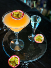 tasty prosseco & passion fruit cocktail with fresh fruits