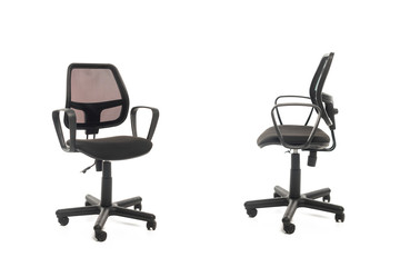 Two black office chairs isolated on white