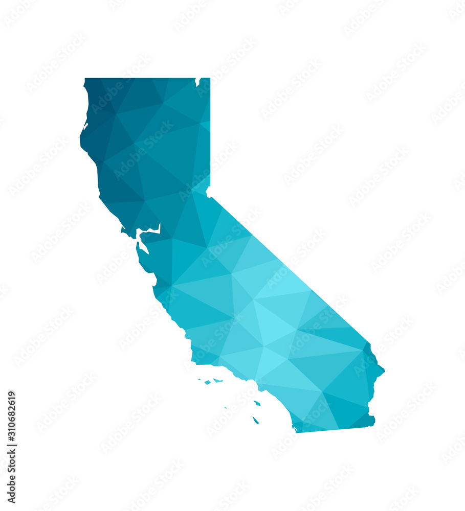 Wall mural Vector isolated illustration icon with simplified blue silhouette of State of California map (USA). Polygonal geometric style. White background